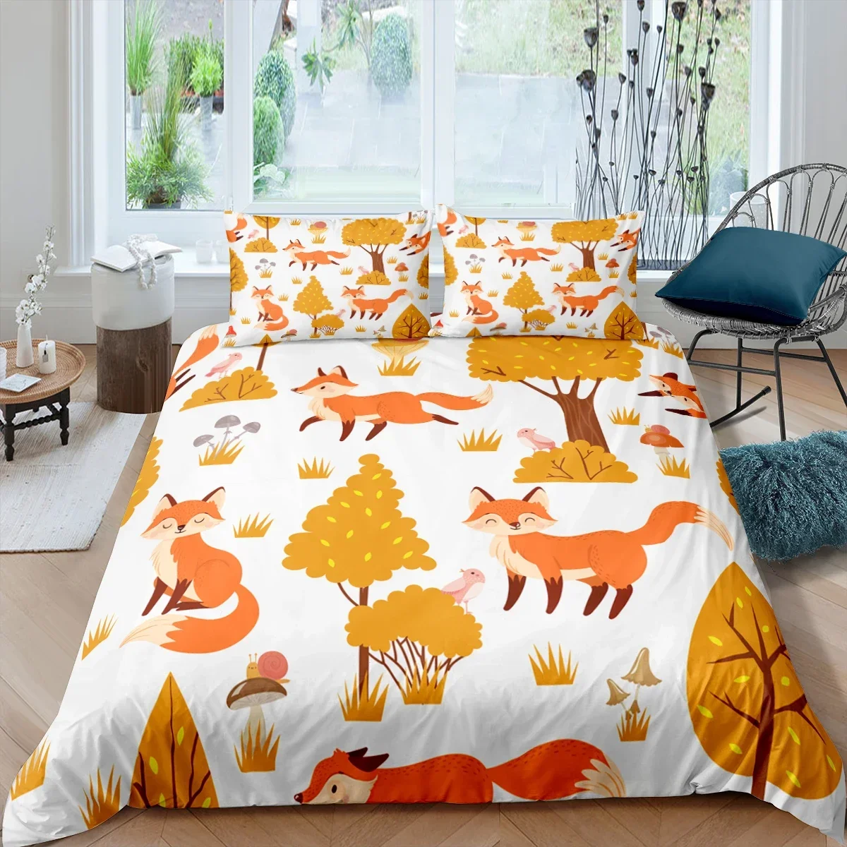 Cartoon Fox King Queen Duvet Cover Lovely Orange Animal Floral Bedding Set Kids Girls Flowers Plant 2/3pcs Polyester Quilt Cover