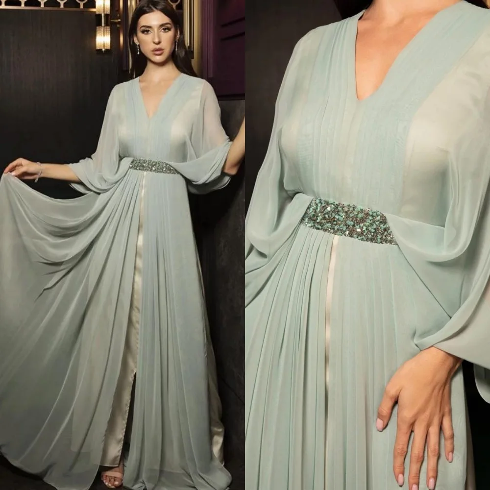 

Customized Exquisite Light Green Chiffon Evening Dress High Quality V-Neck Long Sleeves Belt Sweep Train Special Occasion Gowns