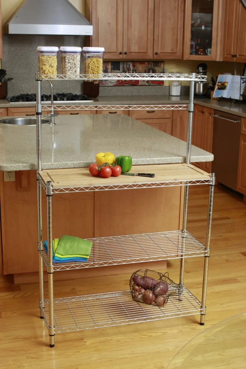 EcoStorage Bakers Rack and Pantry Organizer with 3 Shelves, Removable Bamboo Work Surface, and Hooks , 36” W x 14” D x 60” H