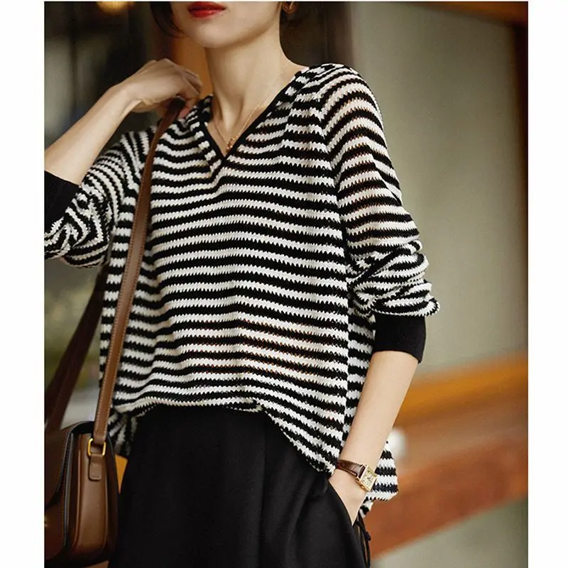 

Striped Knitted Sweater Spring and Autumn Loose Hollow Sweater V-neck Hooded Sunscreen Shirt Top Women's Fashionable Style