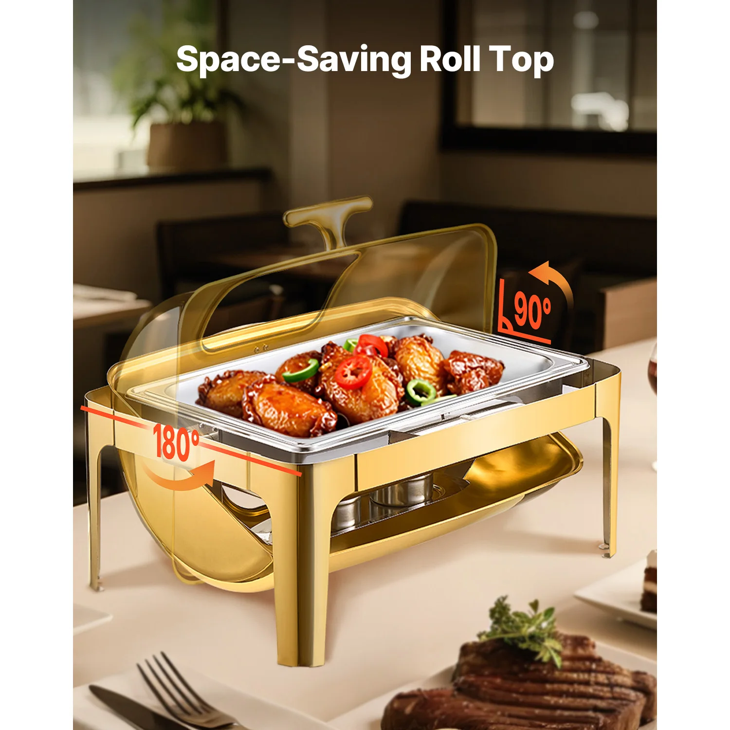 SucceBuy 9Qt Roll Top Sfregamento Piatto Buffet Chafer in acciaio inossidabile con padella a grandezza naturale Coperchio visibile Rettangolo Riscaldatore per catering