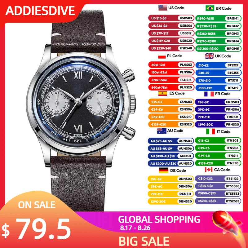 ADDIESDIVE 38mm Quartz Chronograph Watch For Men Stainless Steel 100m Waterproof Wristwatch Dome Mirror VK64 Men‘s Watch