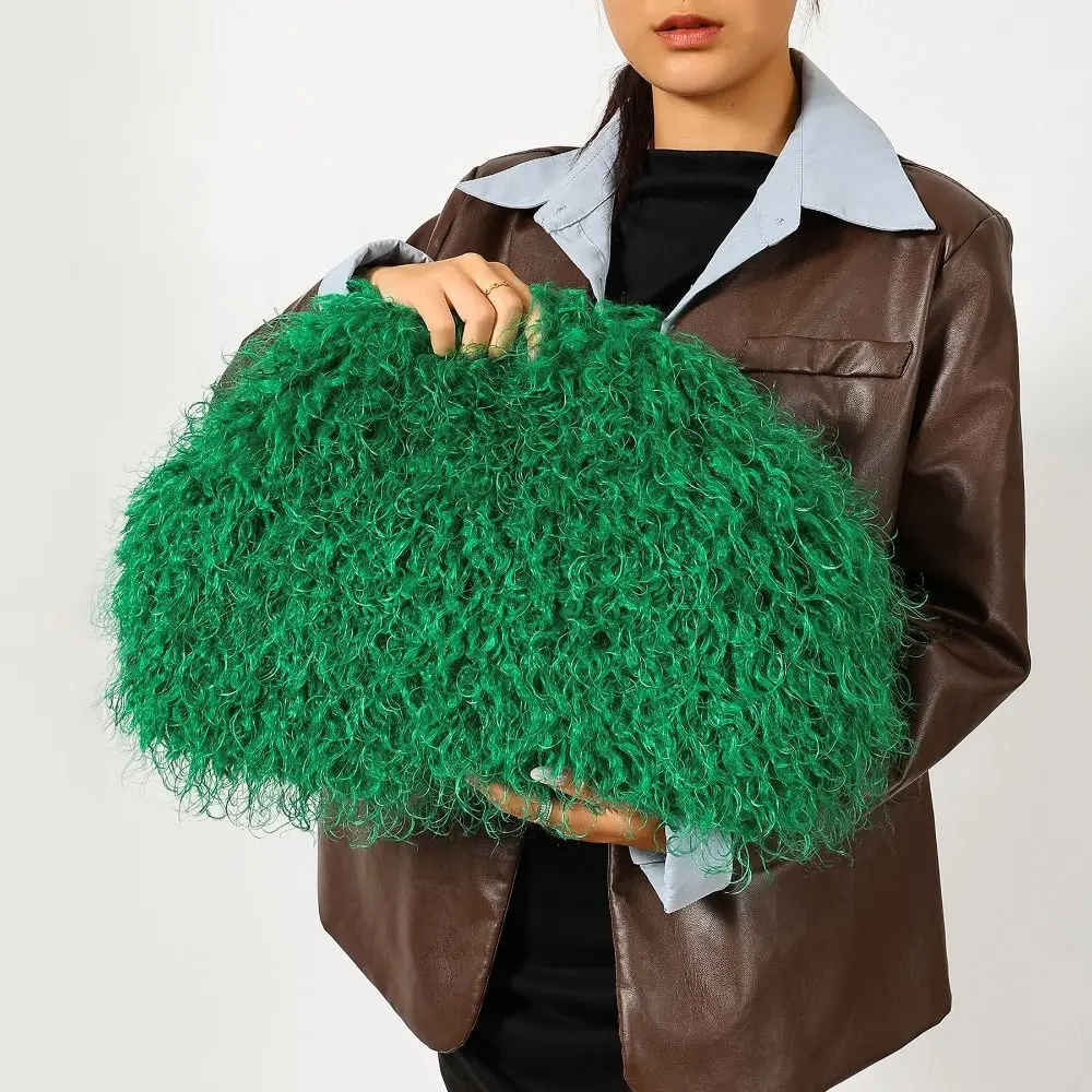 Casual Portable Fluffy Plush Clip Clutch Y2k Spicy Girl Kiss Lock Clutch Bag Feather Punk Banquet Bag Wedding