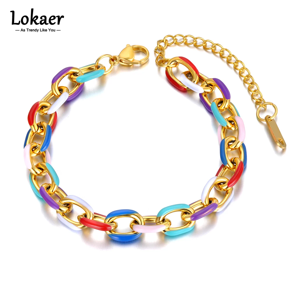 Lokaer Titanium Stainless Steel Chain & Link Bracelets Trendy 18k Gold Plated Colorful Glazed Charm Bracelet For Women B22038