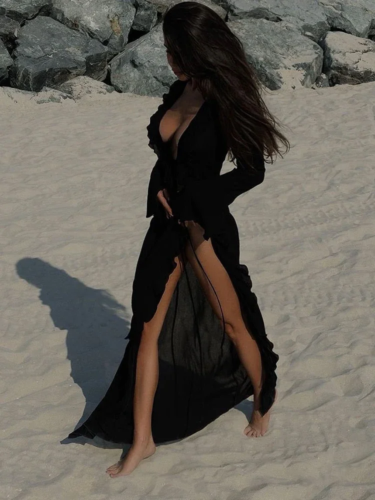 BWQ Ruffle Bikini Cover-Ups Women Beach Cover Up Elegant Long Sleeve Lace Up Summer Solid Fashion Female Holiday Beachwear