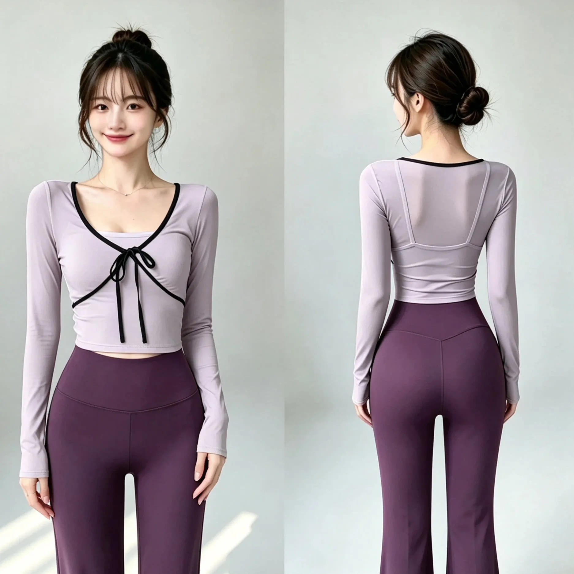 Autumn and winter yoga long-sleeved mesh two-piece sports top for women, sweet style, slimming, fitness wear with chest padding view 3