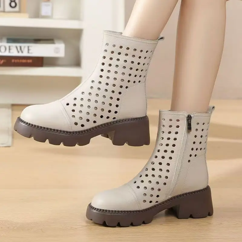 Women Genuine Leather Block Heel Ankle Cool Boots Spring Summer New Thick Sole Non Slip Round Toe Hollow Out High Top Cave Boots