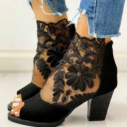 2022 New Fashion Women's Summer Sandals Casual Elegant Middle Heel Women's Shoes High Heels Mesh Lace High Heels Large Size 42