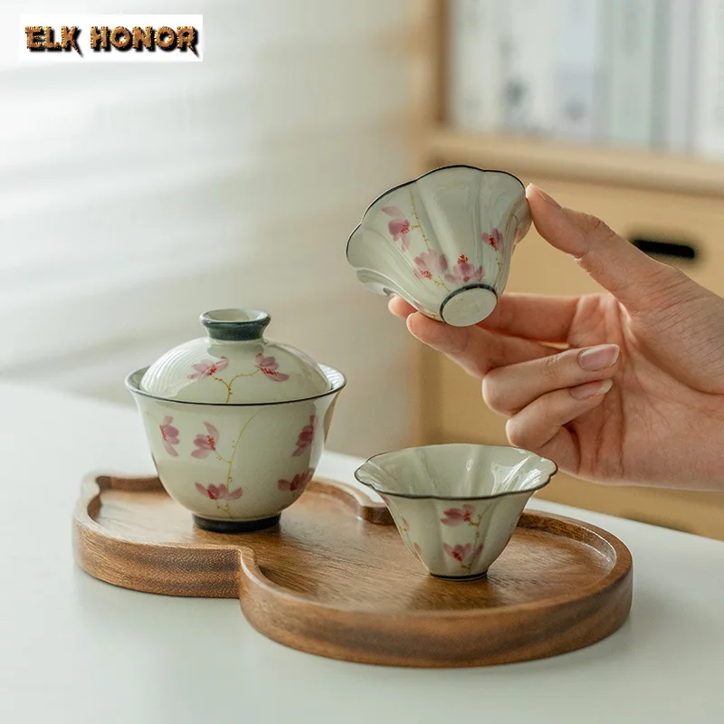 

Pure Hand-painted Peach Blossom Tea Set Complete Set Boutique Tea Ceremony Set Teapot and Tea Cup Set Gourd Dry Brewing Table