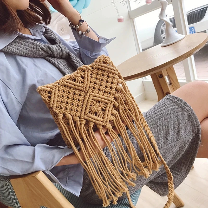 Yogodlns Bohemian Tassel Straw Bag Women Fashion Weave Handmade Crossbod Bag Summer Kintted Beach Handbag Vacation Lady Pouch