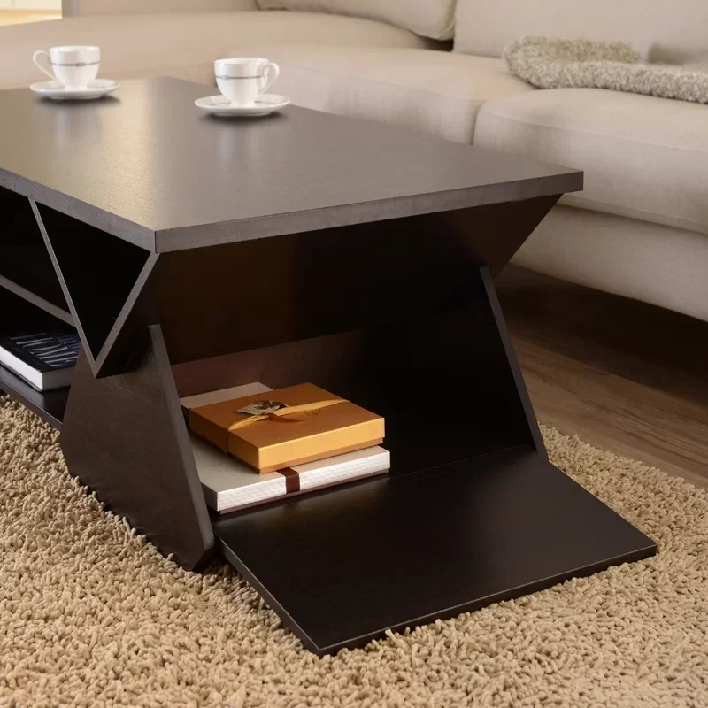 Mesa de café contemporânea armazenamento com várias prateleiras abertas e 2 compartimentos drop down, mesa central para sala de estar