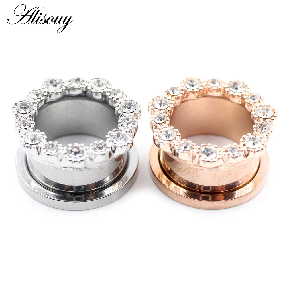 Alisouy 2 Stück Edelstahl Blume Zirkonia Mond Stern Uhr Herz Schraube Ohr Tunnel Plugs Expander Messgeräte Körper Piercing Schmuck – Detail 2