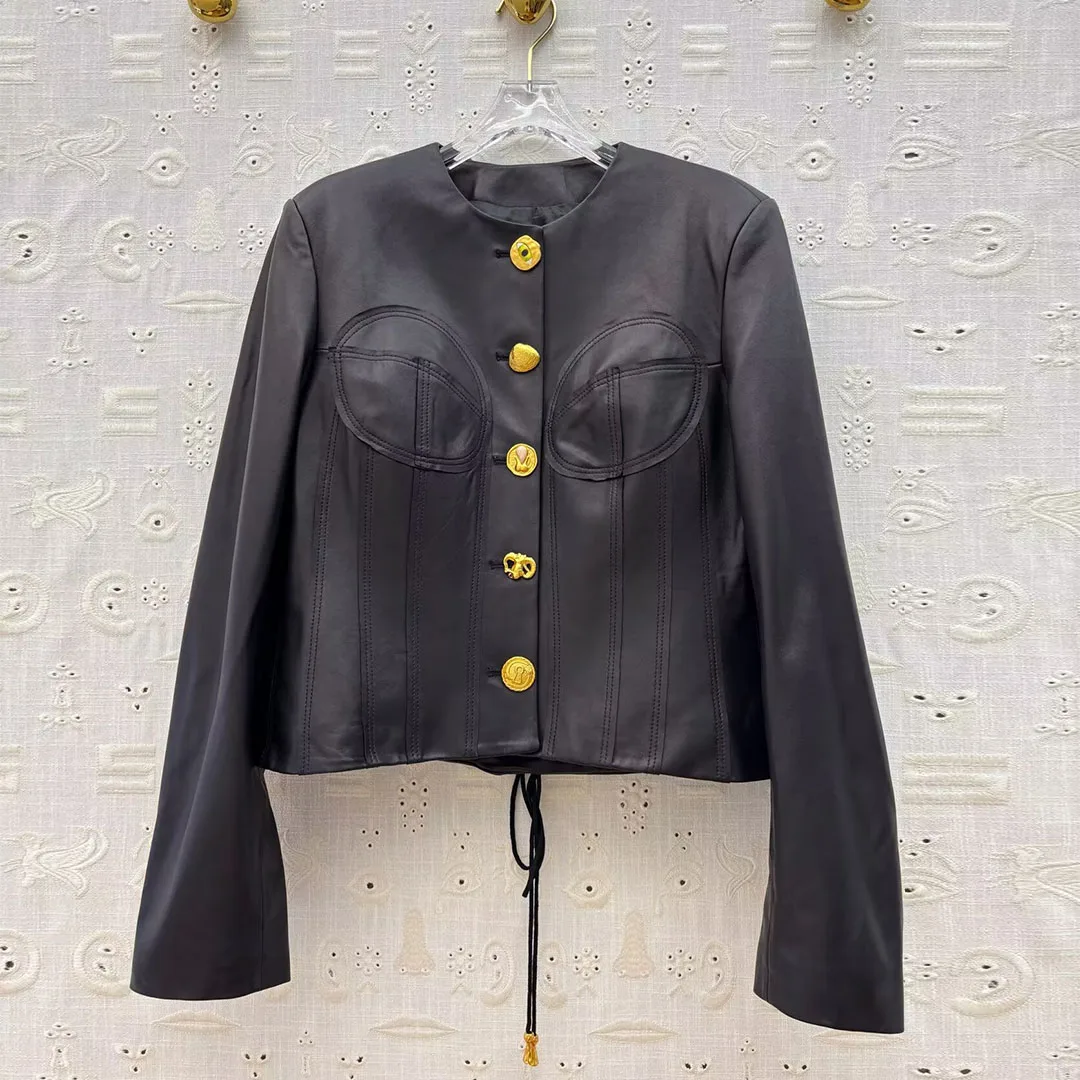Top Quality 100% Sheepskin Soft Real Leather Jacket Women O-neck Long Sleeve Gold Buttons Back Cross lace-up Vintage Slim Coat