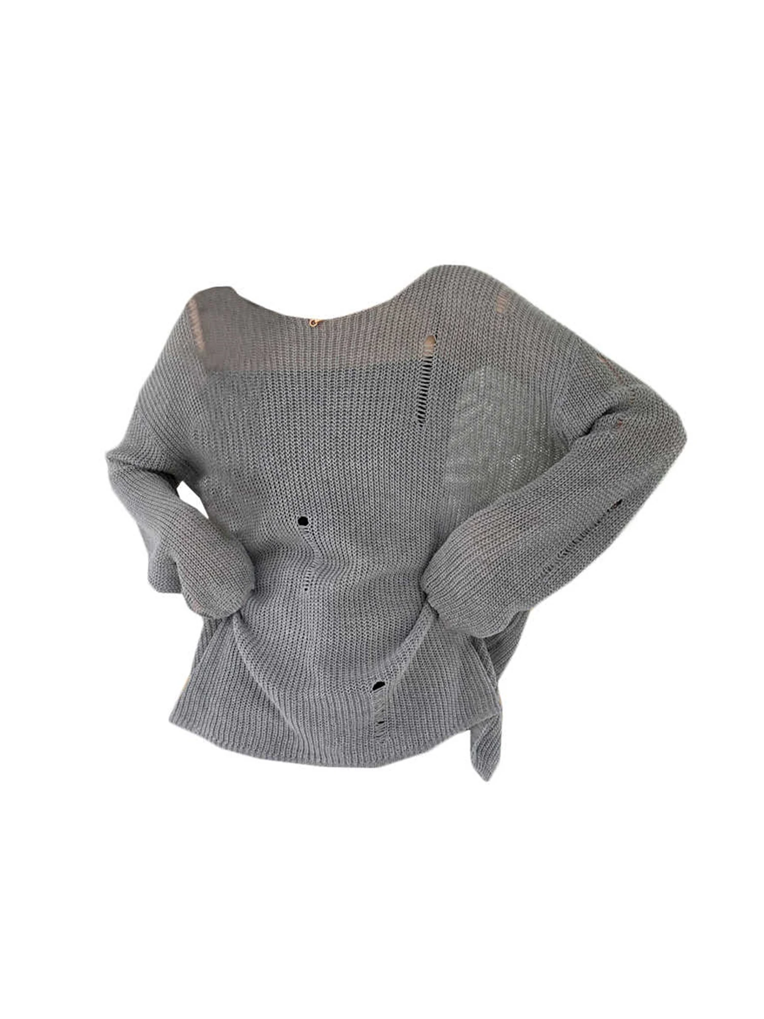 

Women Grey O-Neck Pullover Knitwear Long Sleeve Torn Sweater Harajuku Vintage 2000s Soft Cozy Hollow Sweater Clothes Autumn 2025