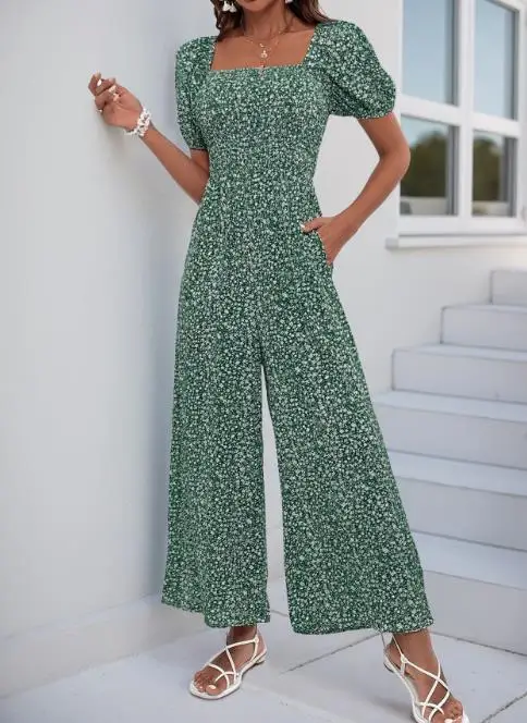 2025 Baru Square Wanita Gambar Bunga Slim Fit Lebar Kaki Jumpsuit Leher Gelembung Lengan Serut Jumpsuit Pinggang Tinggi Slim Fit