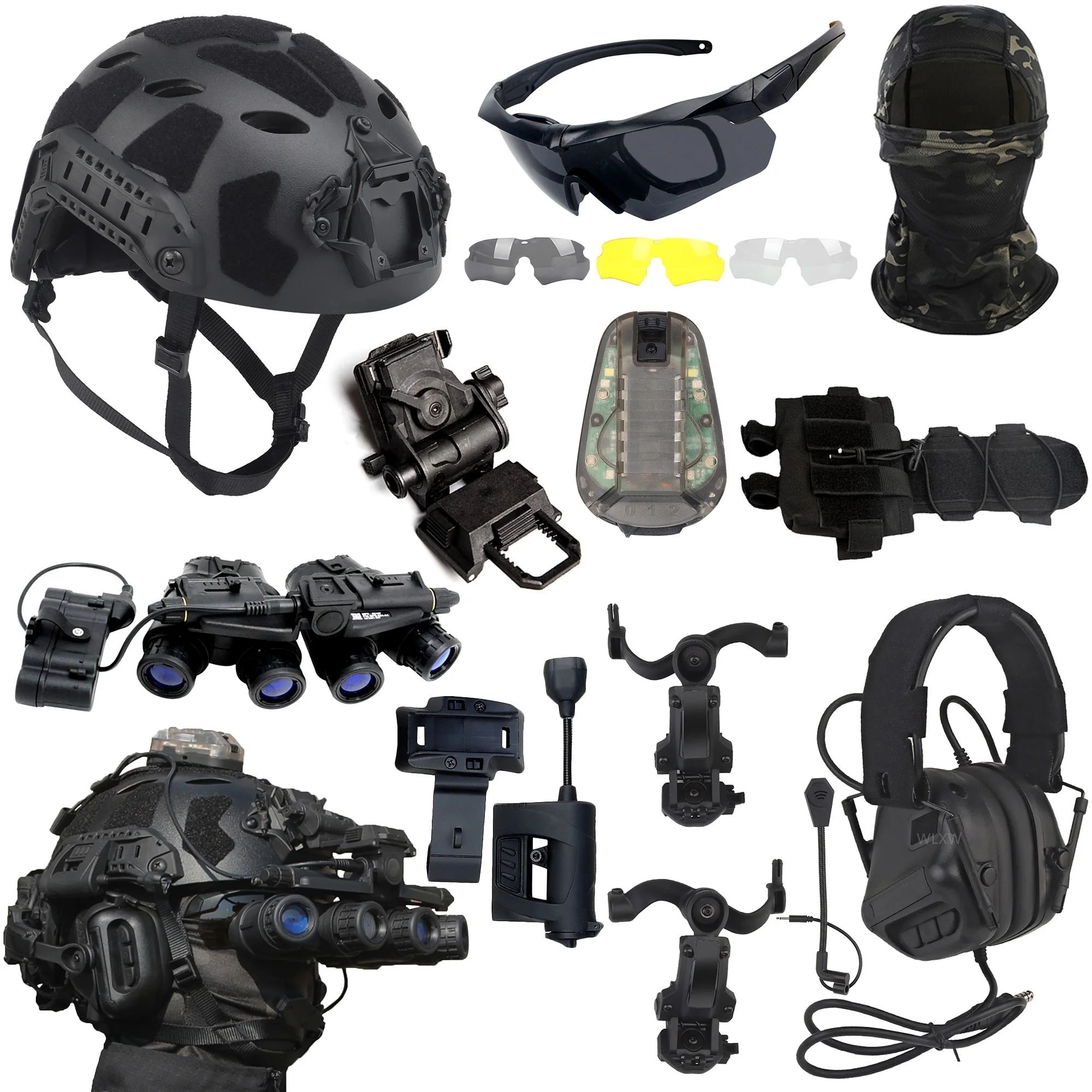 

Airsoft Tactical Helmet and Mask with Noise Reduction Headphone, Goggles, L4G24 Mount, NVG Model, Flashing Light, Battery Pouch