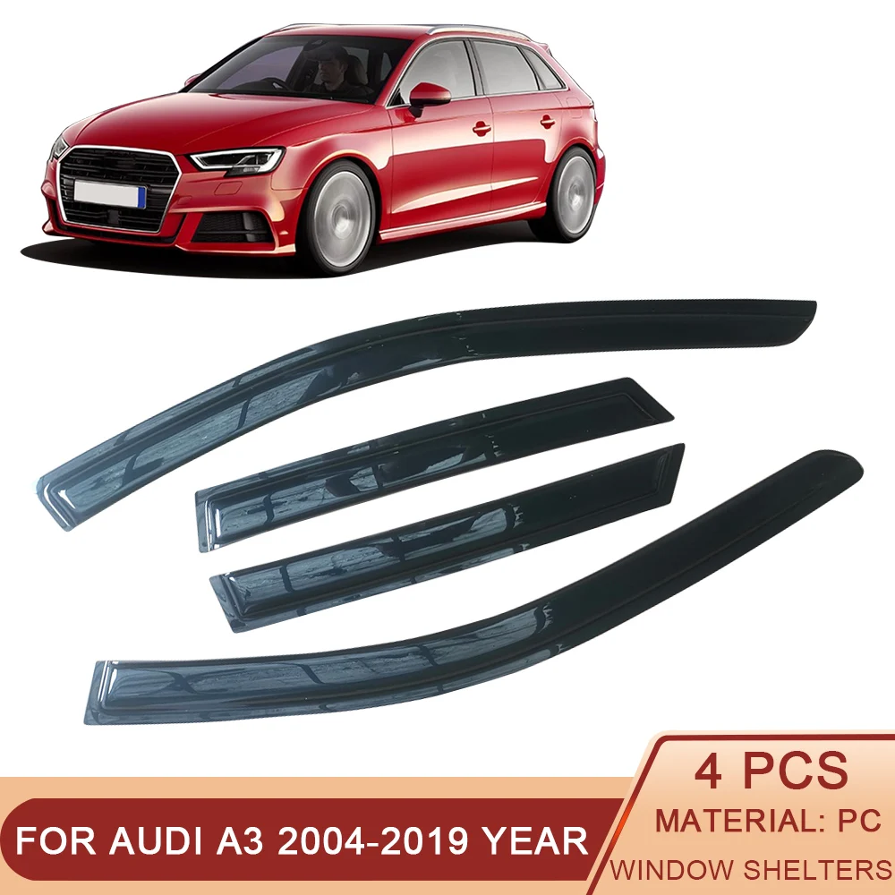 

Для Audi A3 8P 8V 2004-2019 автоматические дефлекторы боковых окон, черные козырьки от дождя, оконные вентиляционные шторы, темный дым, вентиляционный козырек