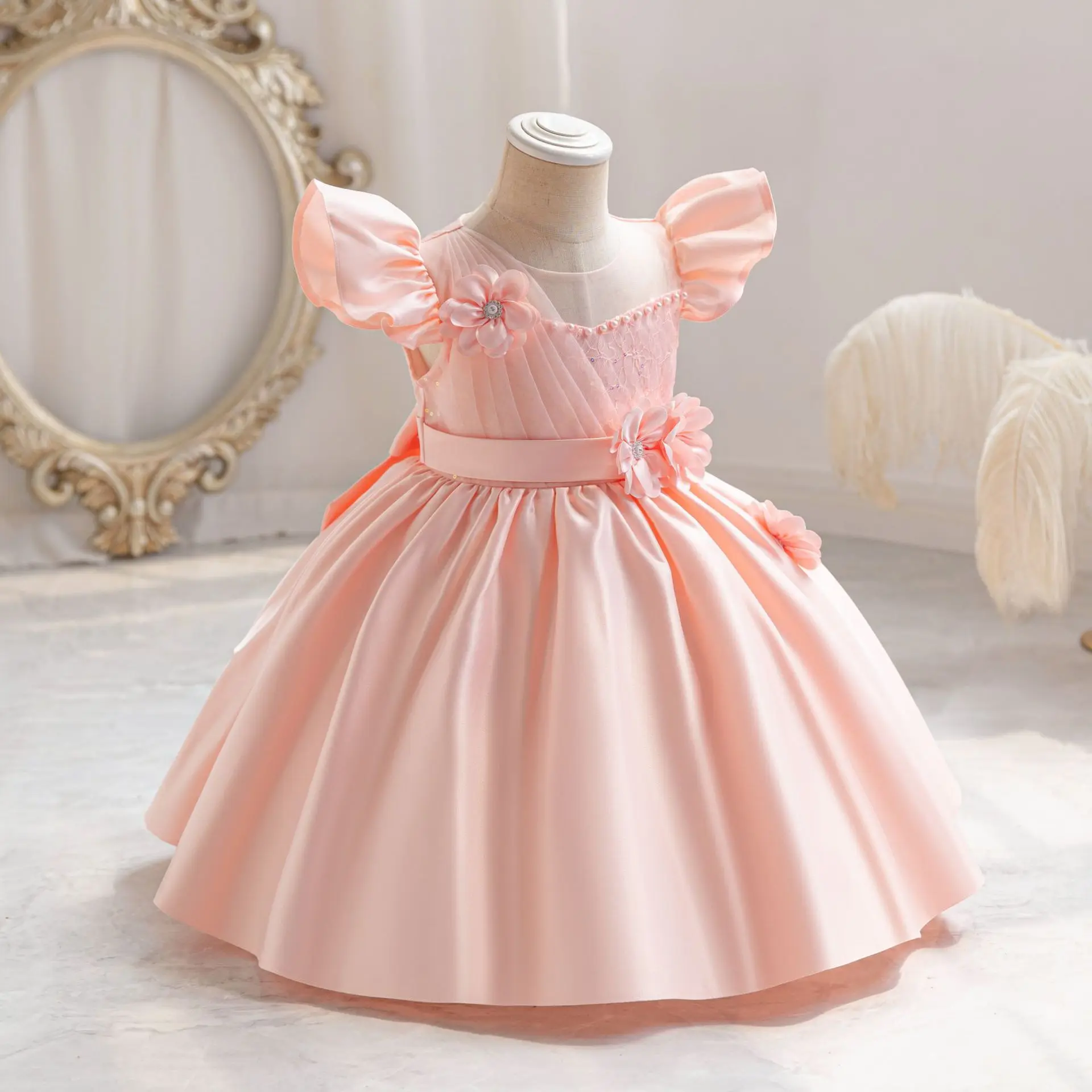 HETISO Summer Girls Casual Princess Dress Children Pearl Wedding Sequined Gown Kids Birthday Party Satin Costume 6M-4 Years