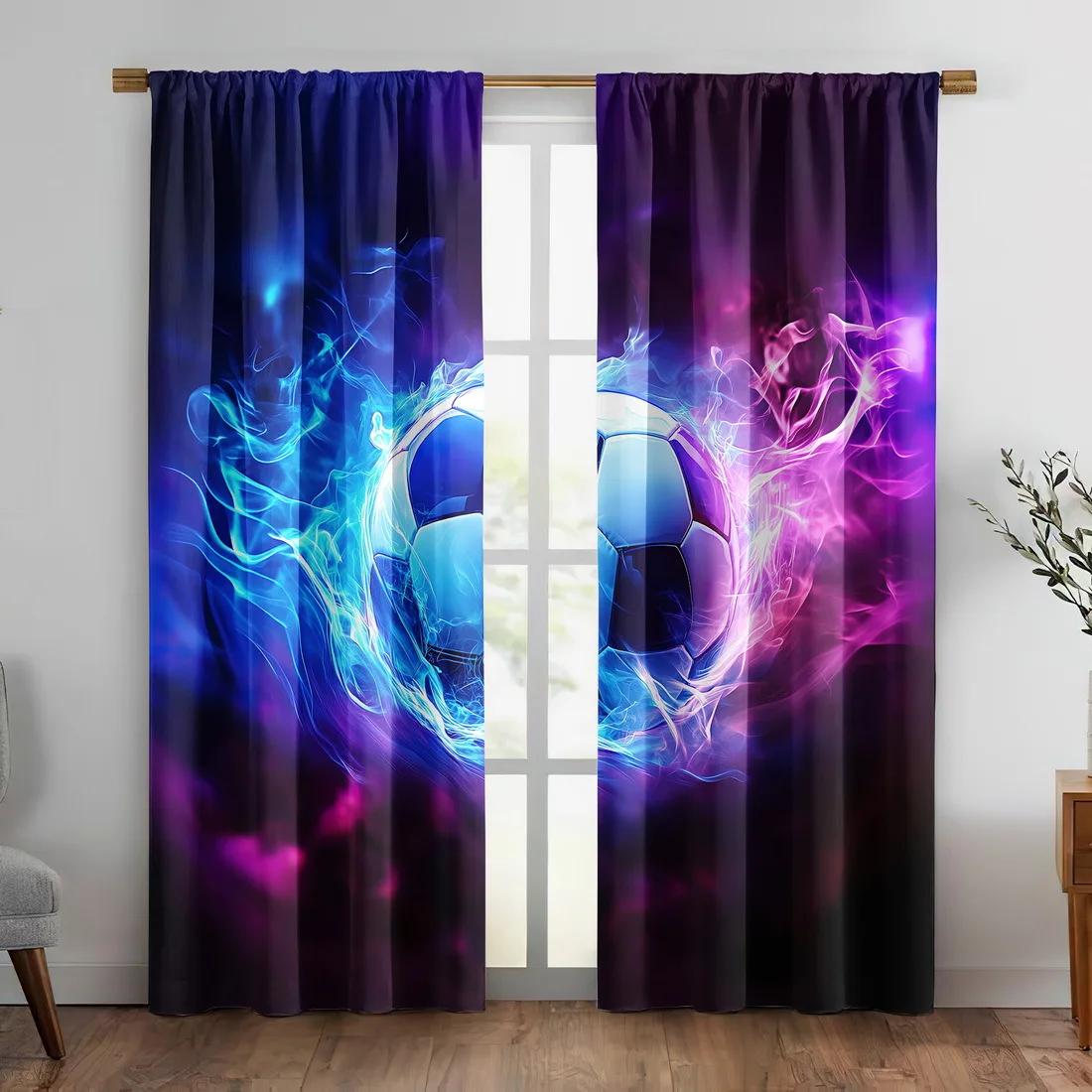 Dramatic Blue Purple Abstract Soccer Football Curtain Drapes Modern Glow Sports Theme Window Treatment for Living Room Bedroom