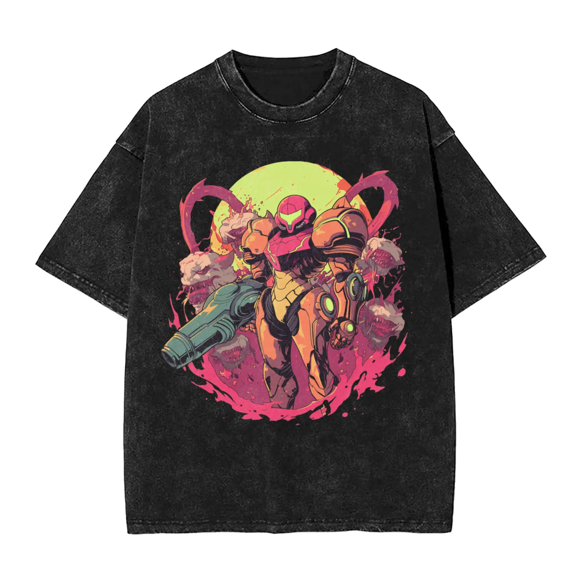Metroids Hero Game Samus Men's T Shirt Washed  Casual Tee Shirt Short Sleeve Crewneck T-Shirts Pure Cotton Gift Idea Clothing