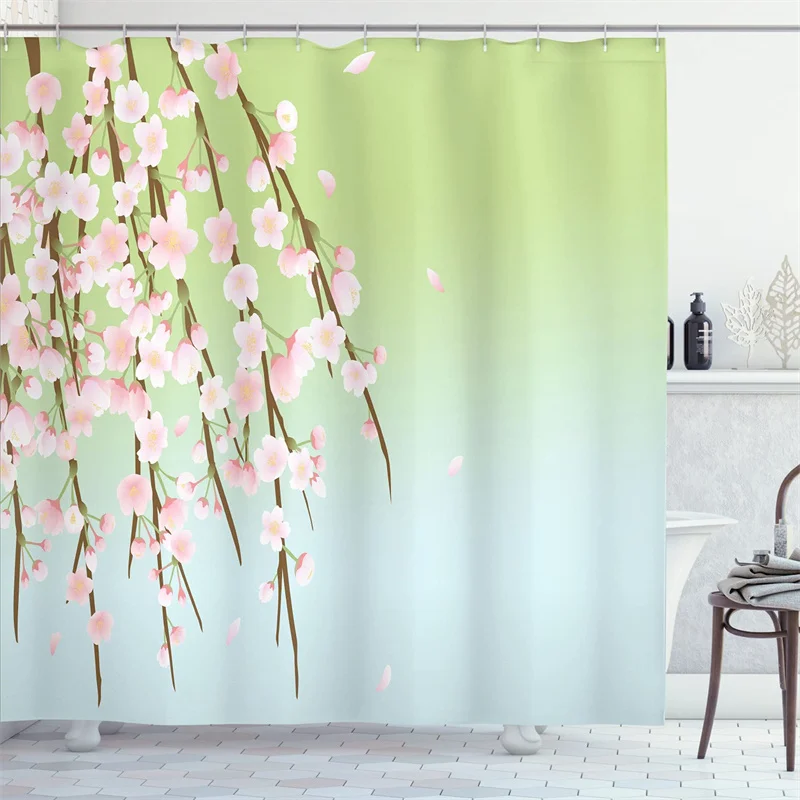 Pink Floral Shower Curtain Liner Blooming Cherry Blossom Branches Green Shower Curtain Waterproof Flower Bath Curtain with Hooks