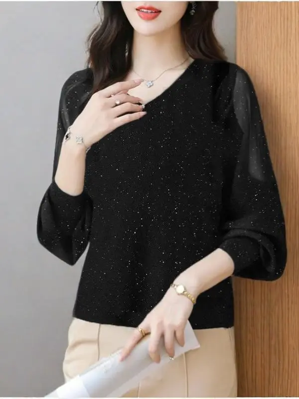 2025 New Autumn Women Loose and Bright Silk Style Casual and Slim Base Top