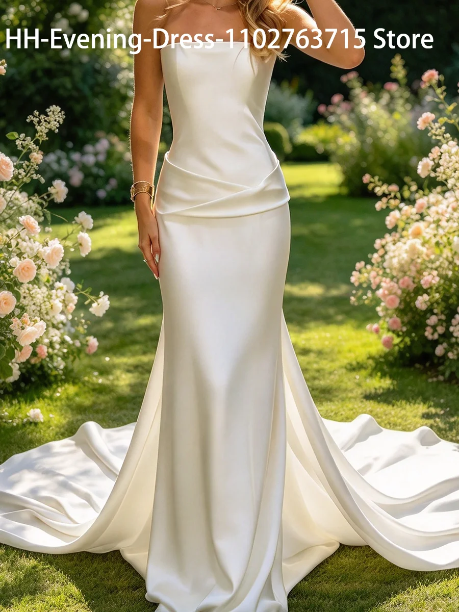 Classic Strapless Satin Sleeveless Ruched Straight Bride Wedding Dresses Bridal Gowns Customized