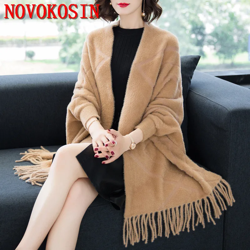 

Faux Mink Velvet Winter Thick Poncho Capes Striped Knitted Tassel Long Out Streetwear Shawl Coat Warm Black Loose Cloak