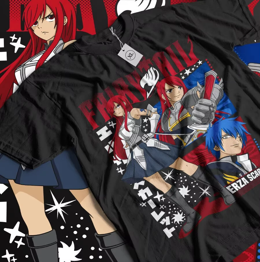 Camiseta Erza Crimson de Fairy Tail, gris, con estampado de Gajeel y Happy Iron Dragon, para hombre y mujer, camiseta de verano, informal, deportiva, holgada, a la moda.