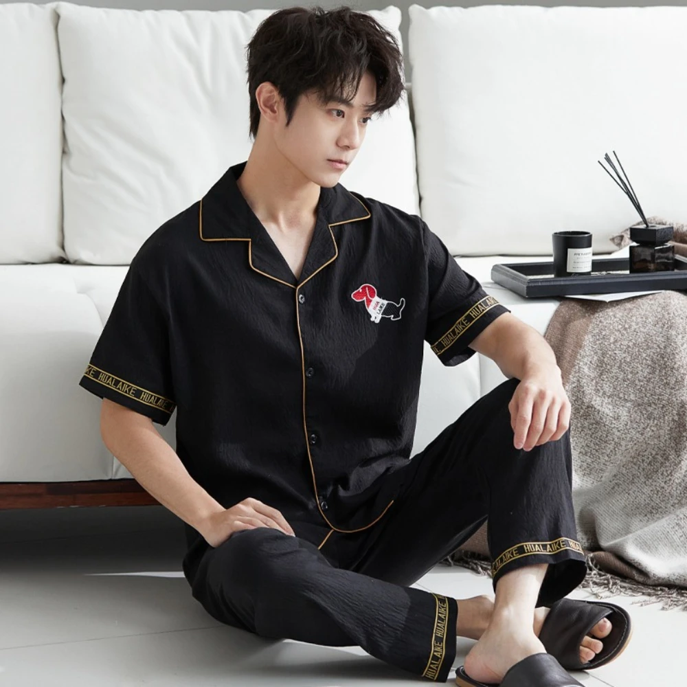 

High Looks Minimalist Men's Retro Comfortable Pajamas Spring and Autumn New Short Sleeved Pants Set Solid Sleepwear Homewear