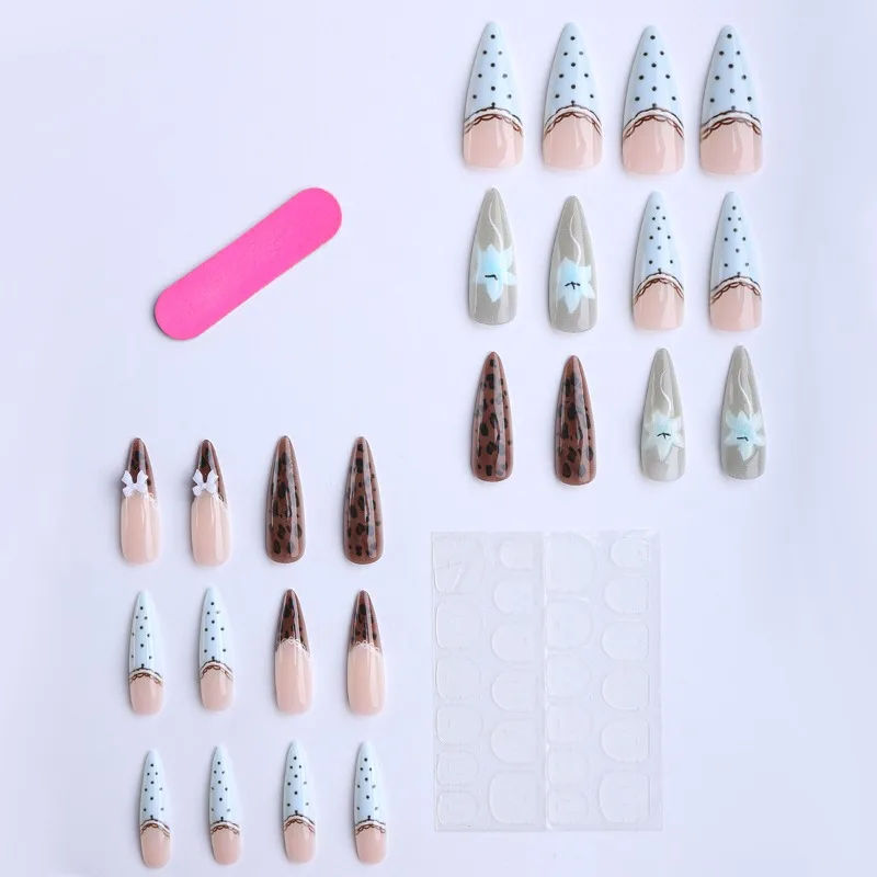 24PCS Black Polka Dots Almond Fake Nail Tips Blue Flower French Sweet Leopard Print Lace Bowknot Press on False Nails Full Cover