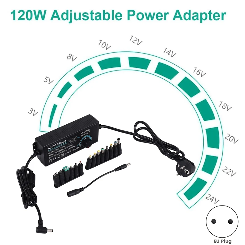 5A 120W Adjustable Power Supply, Universal Power Supply Adapter 3V-24V 5A Adjustable Power Adapter AC To DC Eu Plug