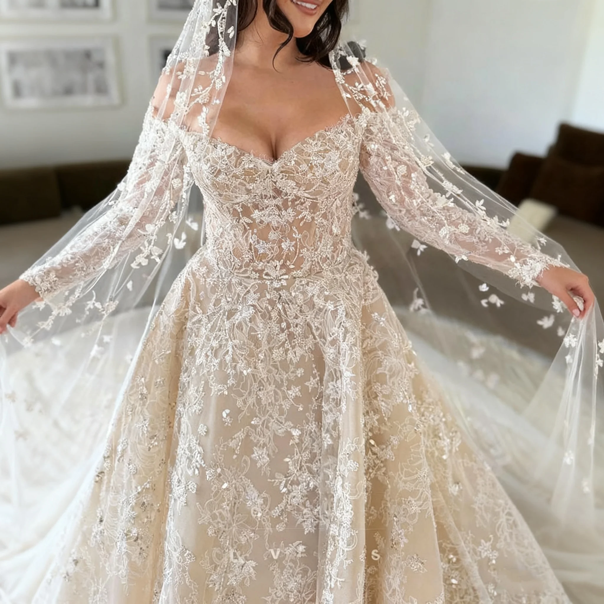 

Customized Ivory Princess Ball Gown Wedding Dress with V-Neck Long Sleeves Backless Lace Embellishments And Pleated Edges
