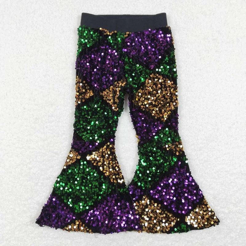 New Mardi Gras Fashion Baby Girls Purple Gold And White Striped Sequined Shorts Wholesale Boutique Children Long Pants