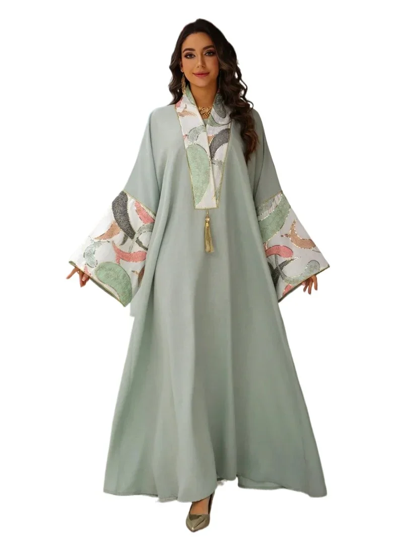 

New Muslim Elegant Patchwork Maxi Abaya Fashion Tassel Dress Embroidery Loose Kaftan