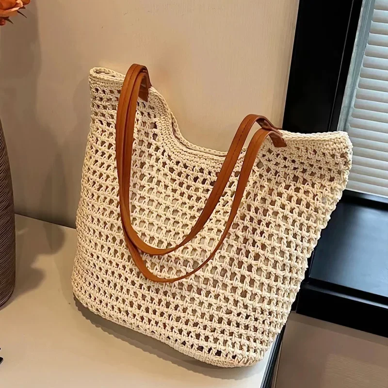 

Straw Woven Bag Artistic Retro Handmade Knitted Bag For Women Casual Cotton Large Capacity Tote Beach Vacation Shoulder Purse