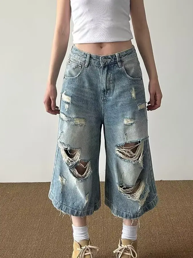 

Retro American Streetwear Denim Cut-off Shorts Women's Spring Summer Loose Slimming Wide Leg Shorts Natural Waist Zipper