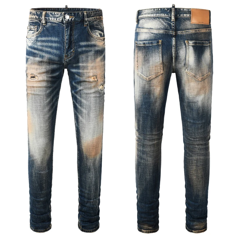 Men Yellow‑Blue Vintage Distressed Washed Ripped Stretch Slim Denim Jeans Retro Hip Hop Street Fashion Denim Jeans hombre