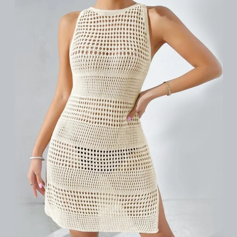 Elegant Beige Plaid Sheer Cover See-Through Solid Color Beach Knitted Dress Sleeveless Hollow-Out Bikini Cover-Ups Beach