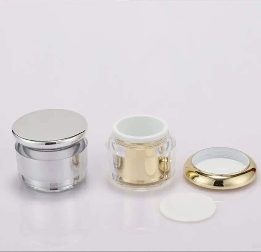 Tarro de crema acrílica de plástico plateado/dorado brillante de 5g, muestra de estaño/crema para ojos/arte de uñas/essencia/gel/removedor de manchas, embalaje cosmético