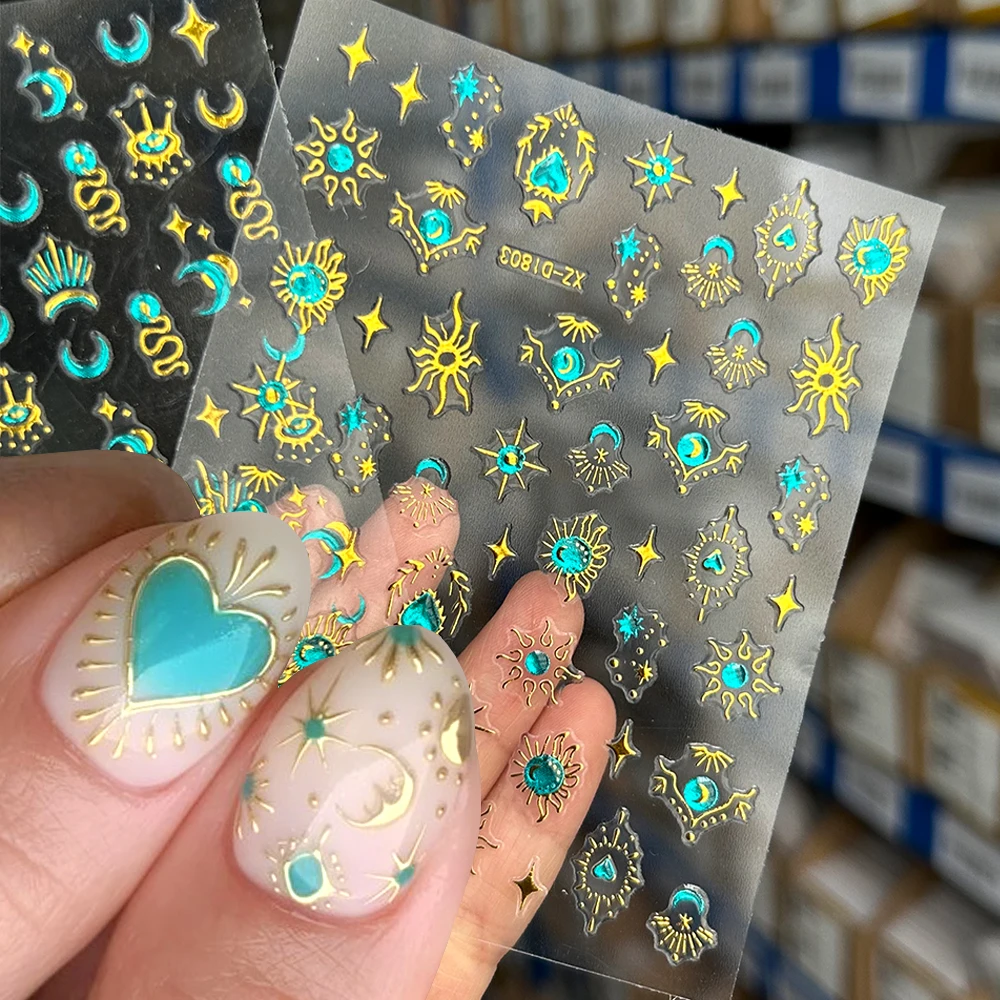 

1sheet Emerald Green Gold Star Moon Nail Sticker Bohemian Hot Stamping Metallic Nail Decals Turquoise Manicure Sliders For Women