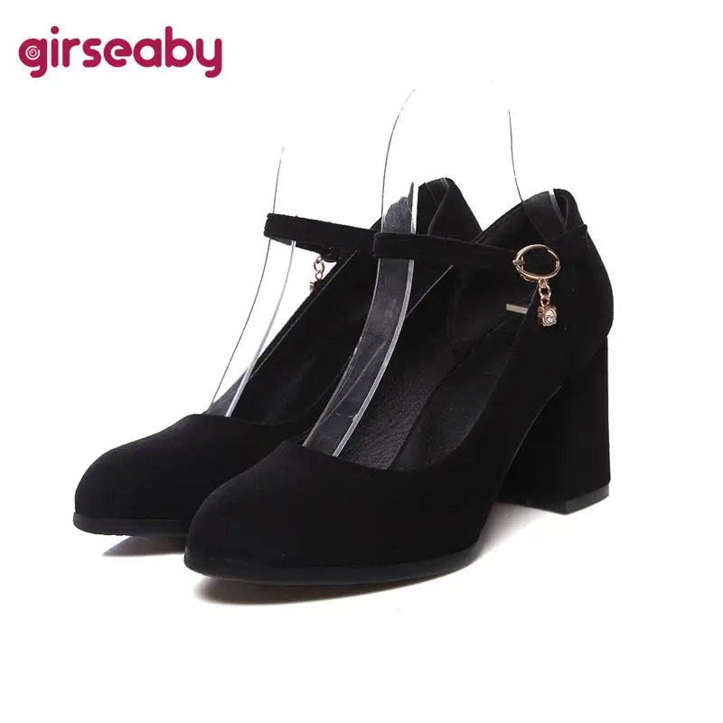 Girseaby Womens Footwear Court Shoes Curved Toe 7cm Robust Lifts Easy Entry Flock Suede Faux Small Big Range 31 32 33 43
