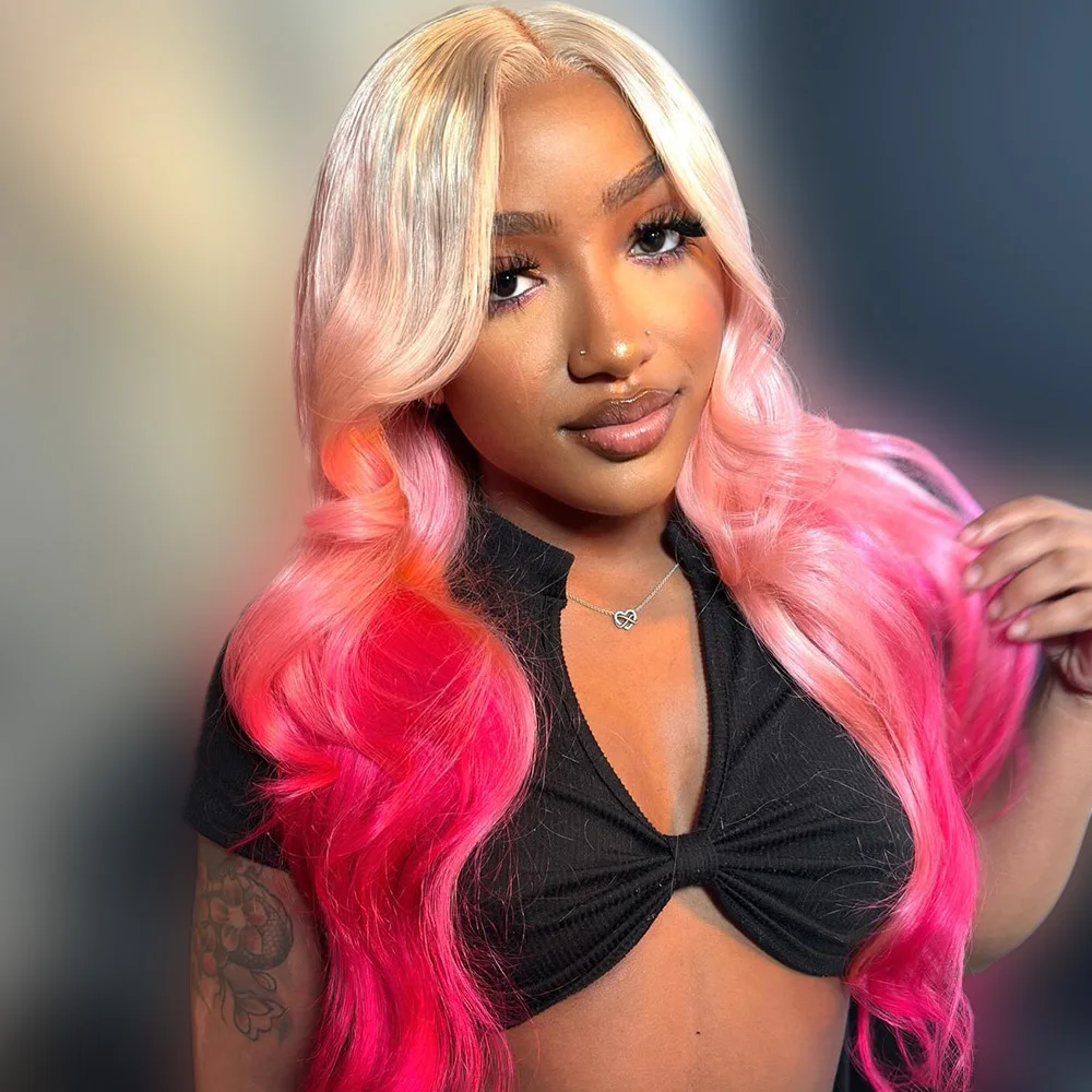 Human Hair Wig Ombre Platinum Pink 13x6 Lace Front Wigs Pre-Plucking Brazilian Body Wave 13x4 Lace Frontal Wavy Wig For Women