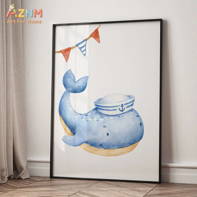 AZNM Watercolor Nautical Canvas Print Sailor Bear Lighthouse Whale Boat Seagull Ship Wheel Soft Cute Marine Wall Poster Unframed
