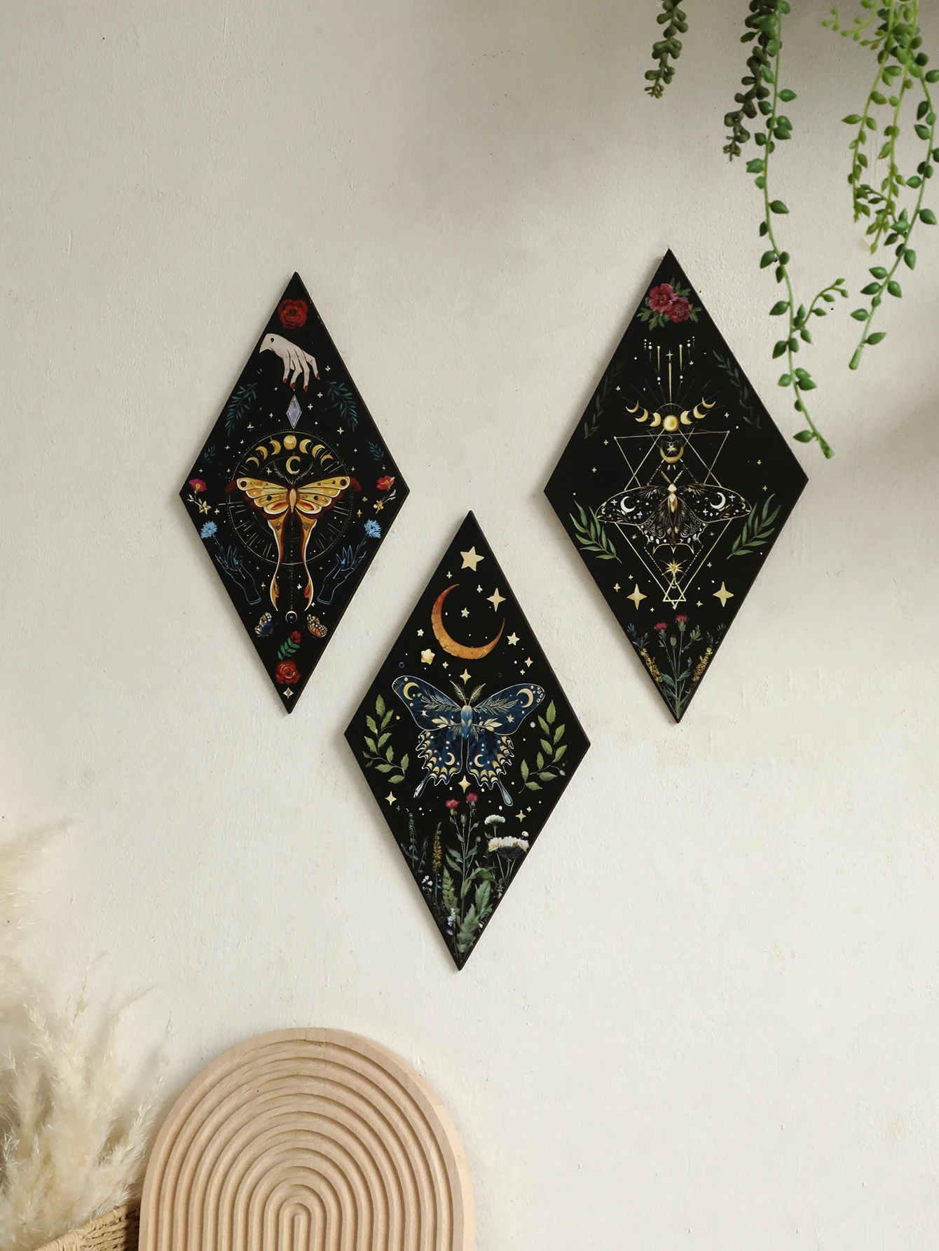 Butterfly Rhomboid Wooden Wall Decor Moon Star Colored Drawing Wall Art Nordic Home Decoration Home Decoration Accessories Gift