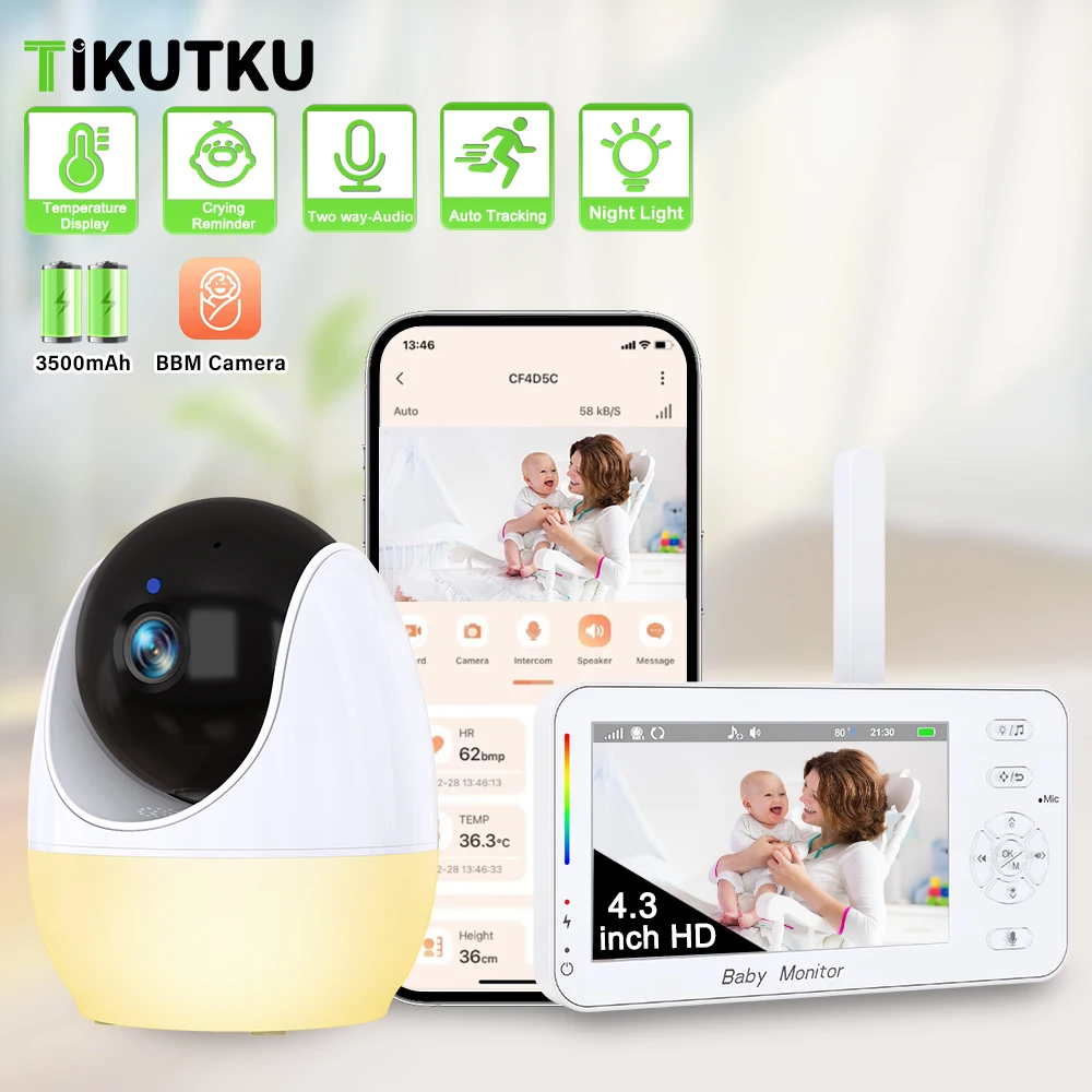 

4,3-дюймовая камера радионяни с панорамированием и наклоном, зумом, камера для детского телефона, автоматическое отслеживание, управление просмотром через приложение, ночник, детское видеонаблюдение