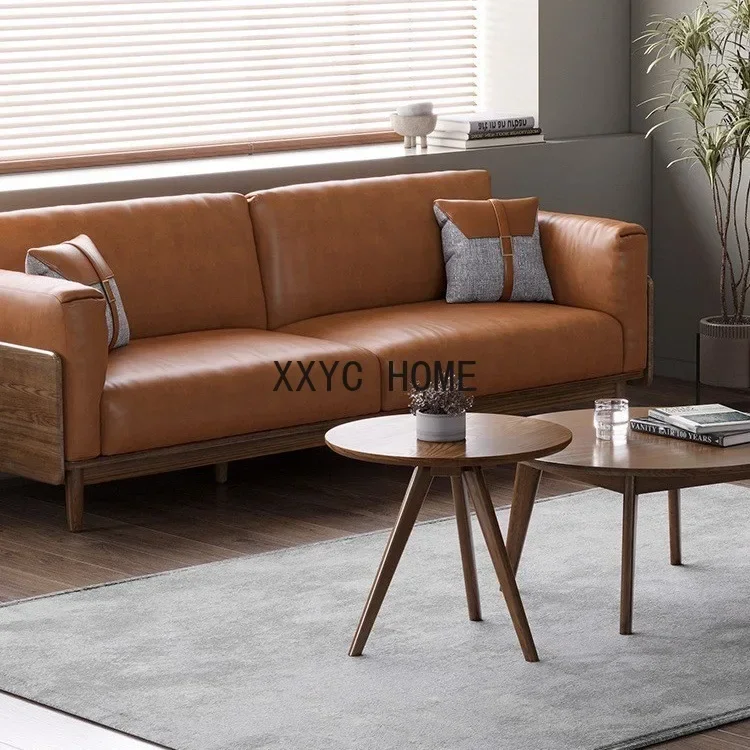 All solid wood three-leather sofa combination simple Nordic modern ash wood small apartment living room walnut furniture