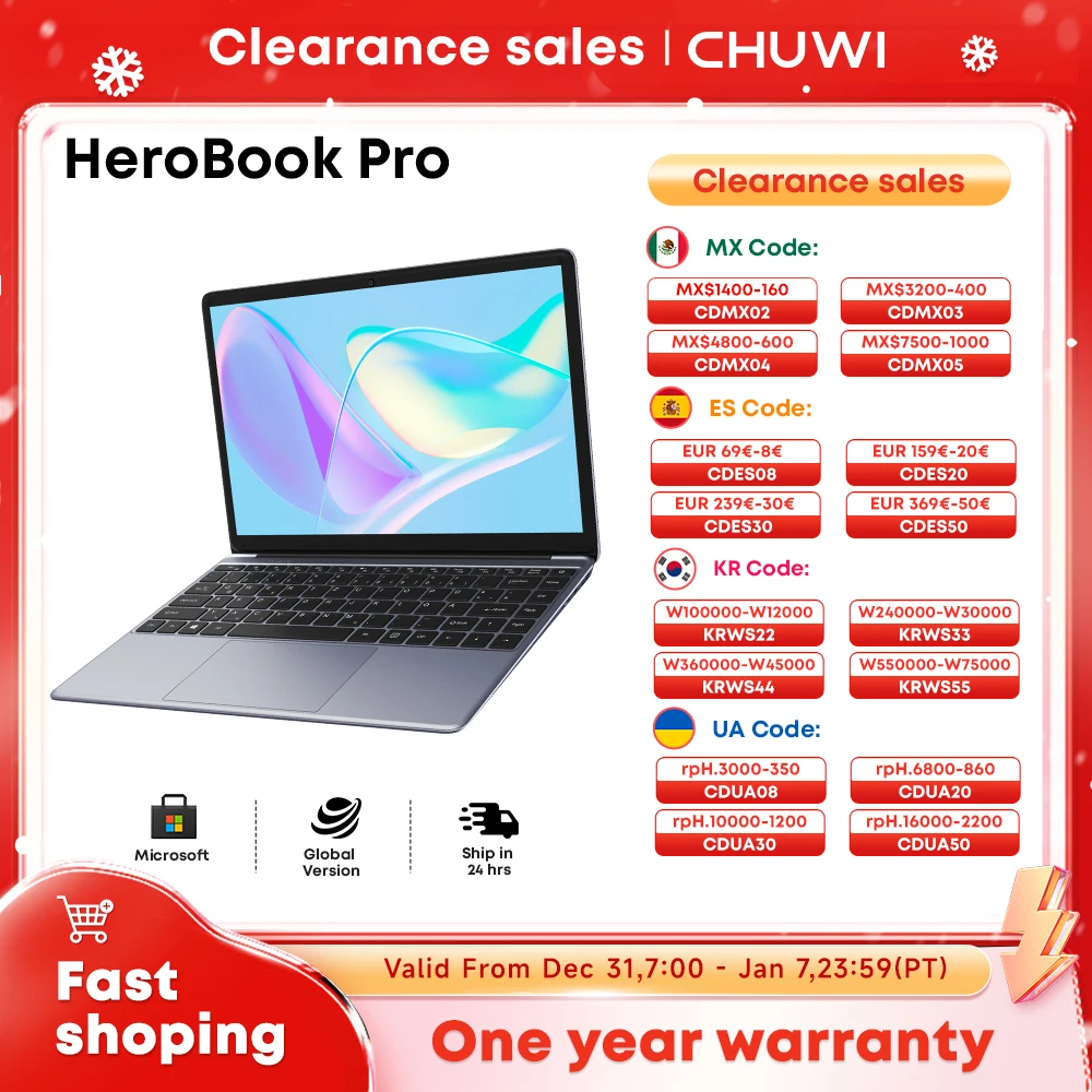 CHUWI HeroBook Pro Laptop 8GB RAM 256GB SSD Intel Celeron N4020 Dual Core 14.1 inch IPS Screen Windows 11 NoteBook Laptops