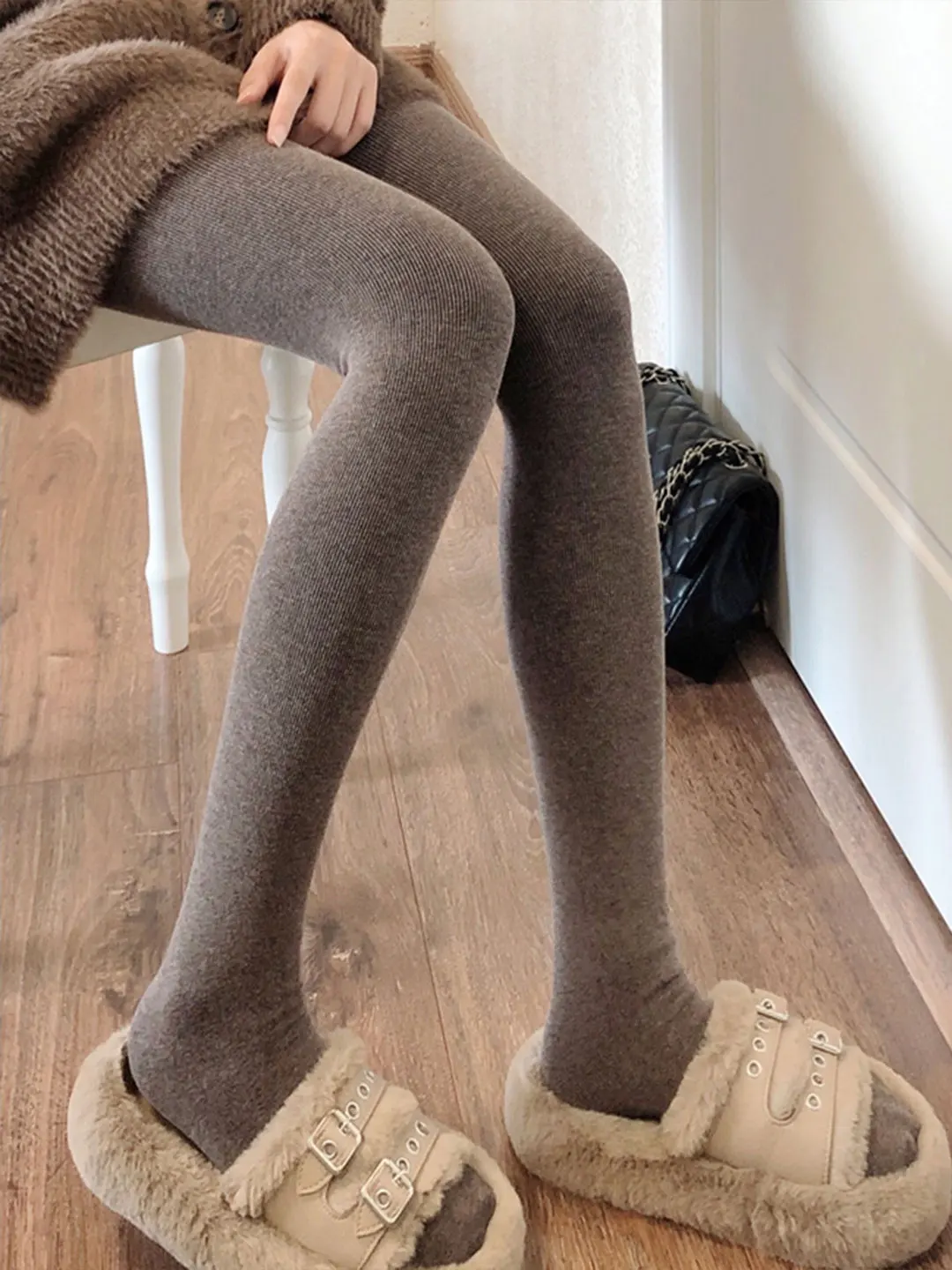 Thickened Fleece Autumn Winter Coffee Milk Color Women's Leggings Warm Slimming Grey Footwear Black Coffee Base Layer Tights
