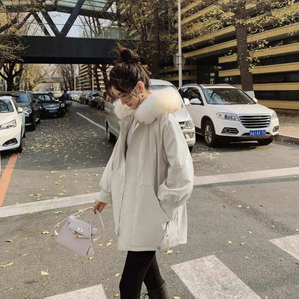 Winter Faux Fur Collar Coat High Quality Ladies Casual Loose Hooded Jacket Warm Black Sequins Thicken Parkas Women's Outerwear